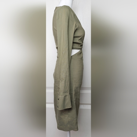 ZARA SEXY LINEN BLEND SHORT DRESS LONG SLEEVE OLIVE GREEN CUT OUT MINI XS - Picture 5 of 16